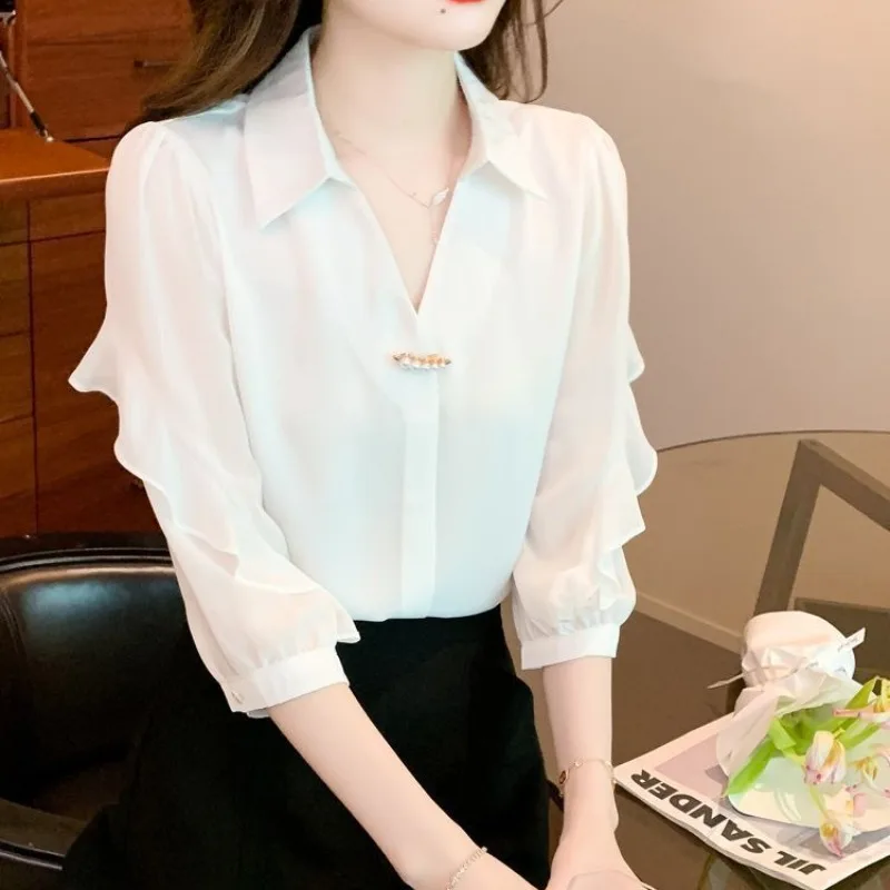 Women\'s Summer New Fashion Commute Solid Color Spliced Ruffles 3/4 Sleeve Chiffon Blouses Work Wear Half Open Collar Chic Shirts