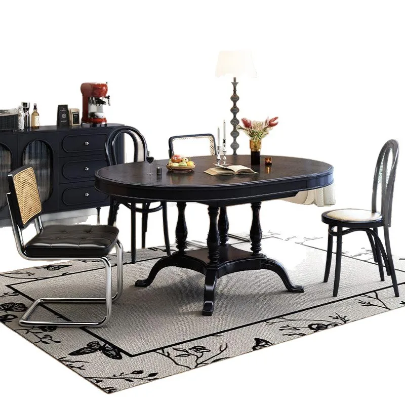 French antique oval solid wood retractable dining table and chair combination black American retro folding round table small