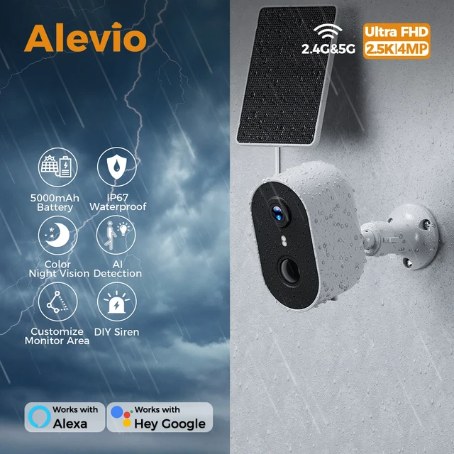 ALEVIO 2.5K Outdoor Solar Surveillance Camera WiFi Wireless Security Camera Ultra Standby AI Detection Color Vision Battery Cam