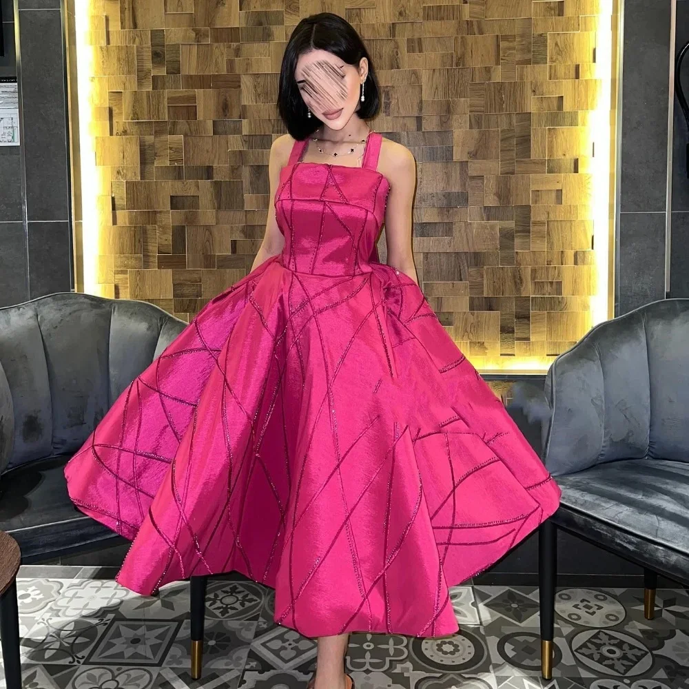 

Customized Jersey Sequined Beading Ruched Valentine's Day A-line Square Neck Bespoke Occasion Gown Midi Dresses