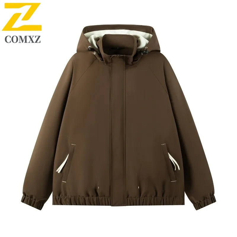 

COMXZ 2025 Autumn Winter Detachable Hood Jacket Men Urban Outdoor Waterproof Warm Hiking Color Block Lightweight Coat