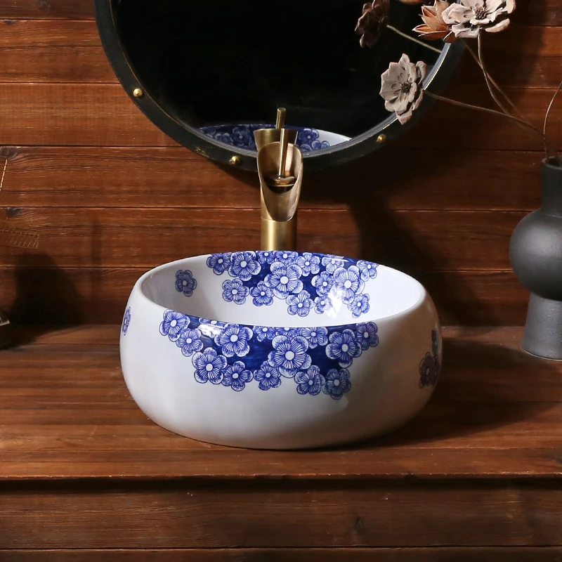 

Jingdezhen ceramic washbasin Chinese blue and white porcelain art platform small apartment home antique single basin