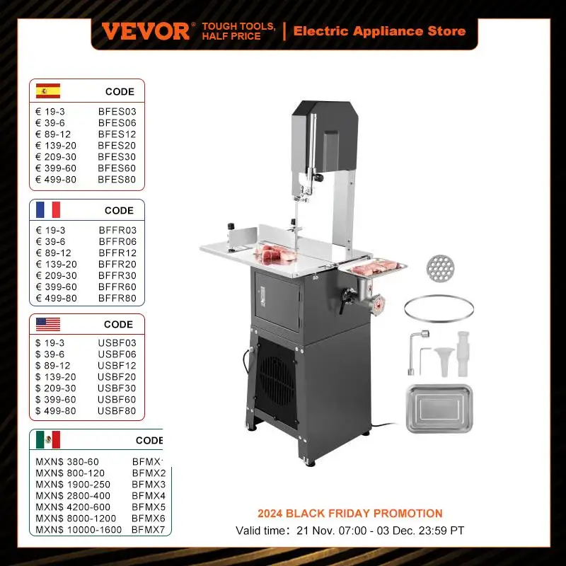 VEVOR 550W 850W 1500W 1800W  Commercial Electric Meat Bandsaw Stainless Steel Frozen Meat Cutter with Blade for Rib Pork Beef