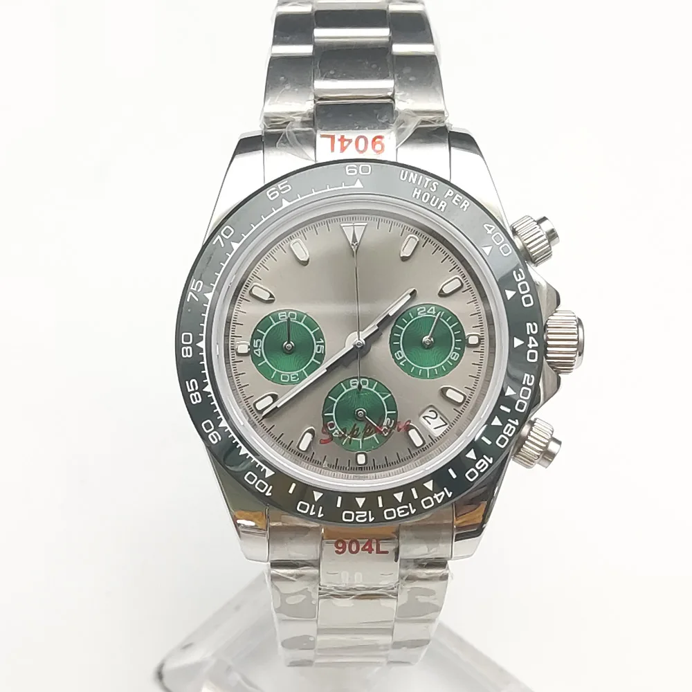 40mm Panda Di Three Eyes Timing VK63 Movement Sapphire glass Army Green quartz multifunctional watch 100m waterproof