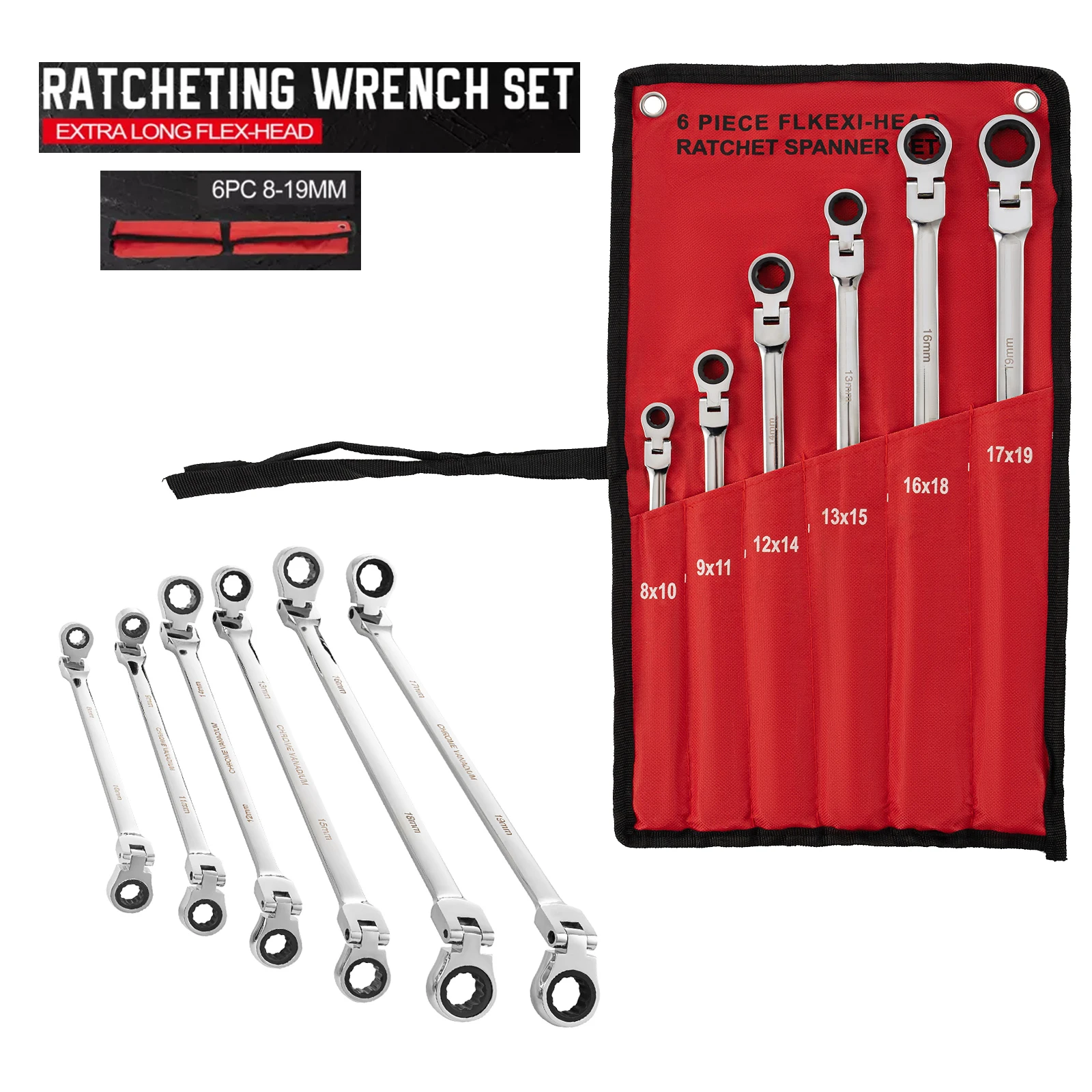 6Pc Ratcheting Combination Wrench Set Double Box End Metric Extra Long Flex Head Ratcheting Wrench Chrome Vanadium Steel Spanner