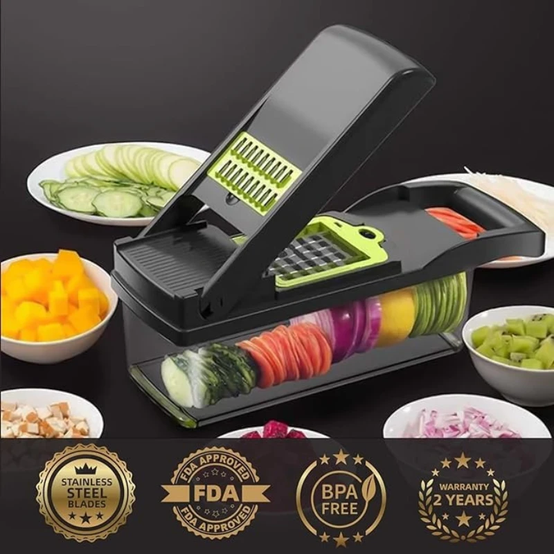 Picadora de verduras multifuncional 16 en 1, picadora de cebolla con mango, rejilla de alimentos, picadora de alimentos, rebanadora de verduras de