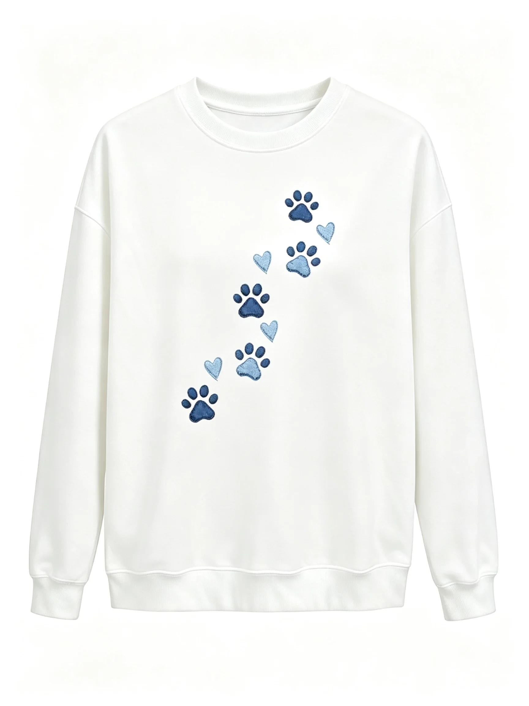Women Crew Neck Sweatshirt Blue Dog Paw Print Heart Graphic Pullover Casual Loose Long Sleeve Pet Lover Daily Tops