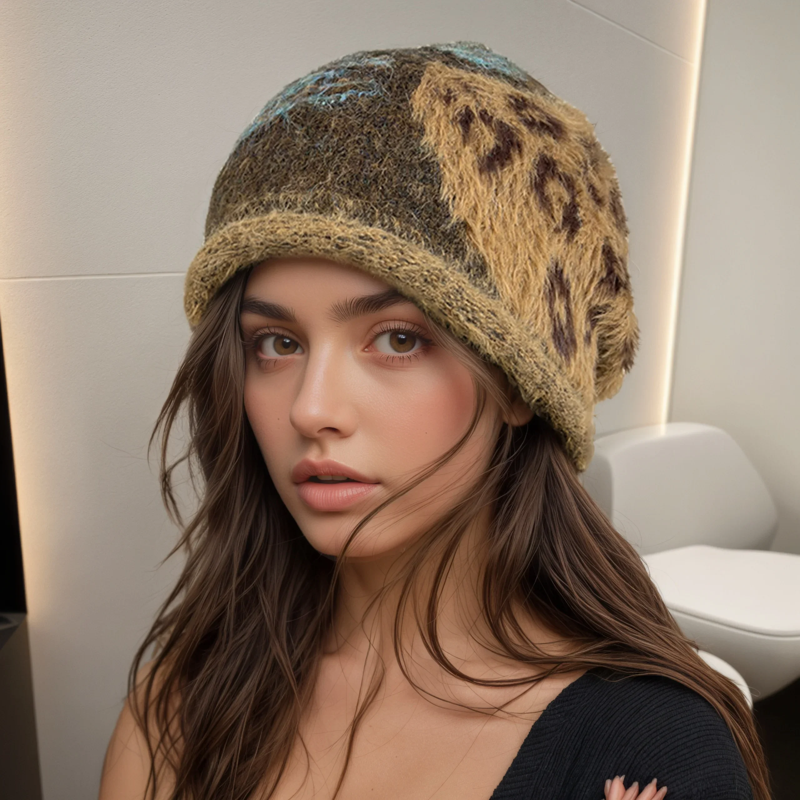 Retro Coffee Slouchy Beanie with Leopard Print & Ear Flap – Knit Warm Winter Hat for Plus Size, Korean Style Cap