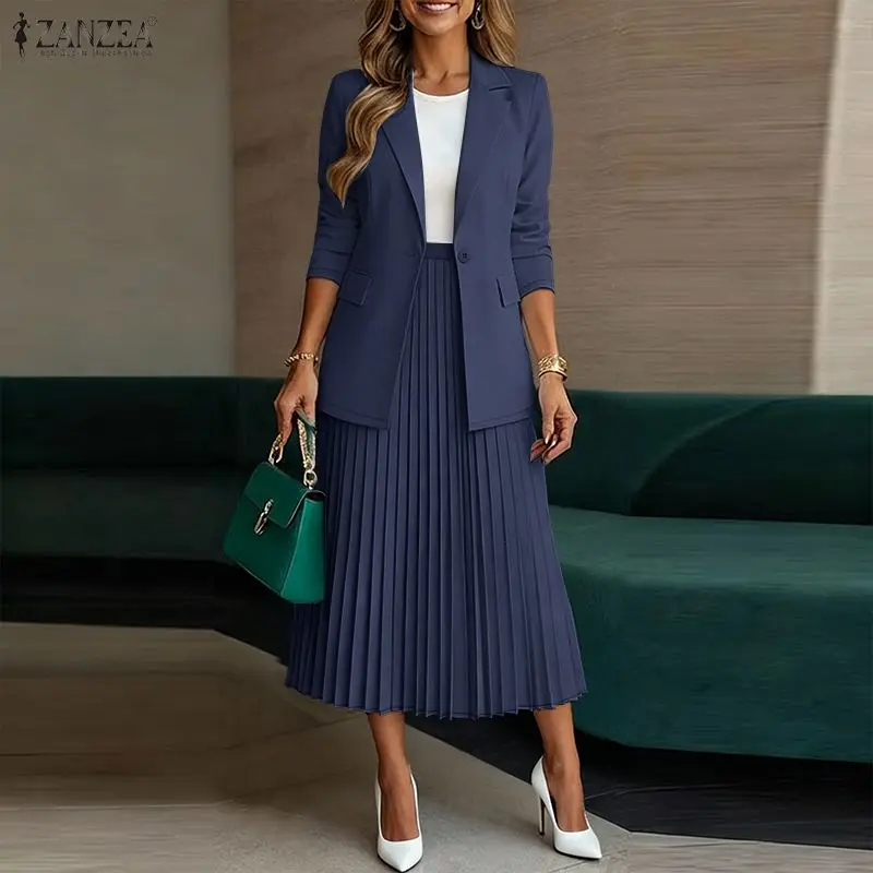 

Women's Fashion Office Wear Skirt Suits Long Sleeve Blazer & A-Line Pleated Skirt 2 Pieces Sets ZANZEA Elegant Skirt Sets Outfit