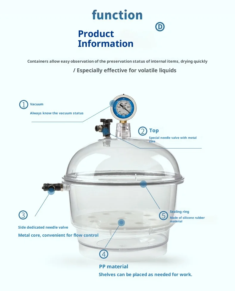 Lab Vacuum Desiccator 250mm Polycarbonate Plastic Vacuum Desiccator Jar with Pressure Gauge Vacuum Drying Double Ball Valve
