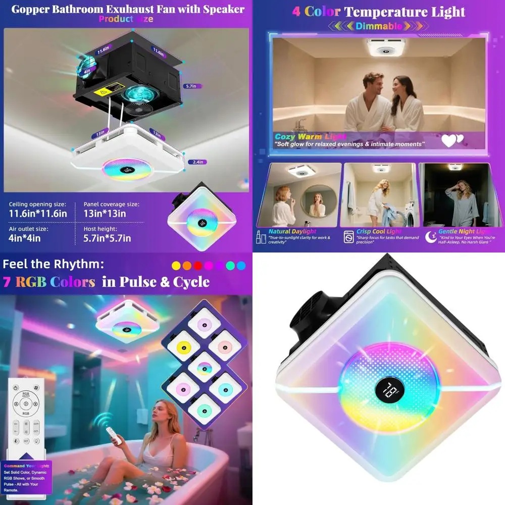 

Adjustable 3000K-6500K Color Temperature, 230V 1.0 Sone, 7 RGB Modes Bathroom Exhaust Fan with Dimmable LED Light and Remote Con