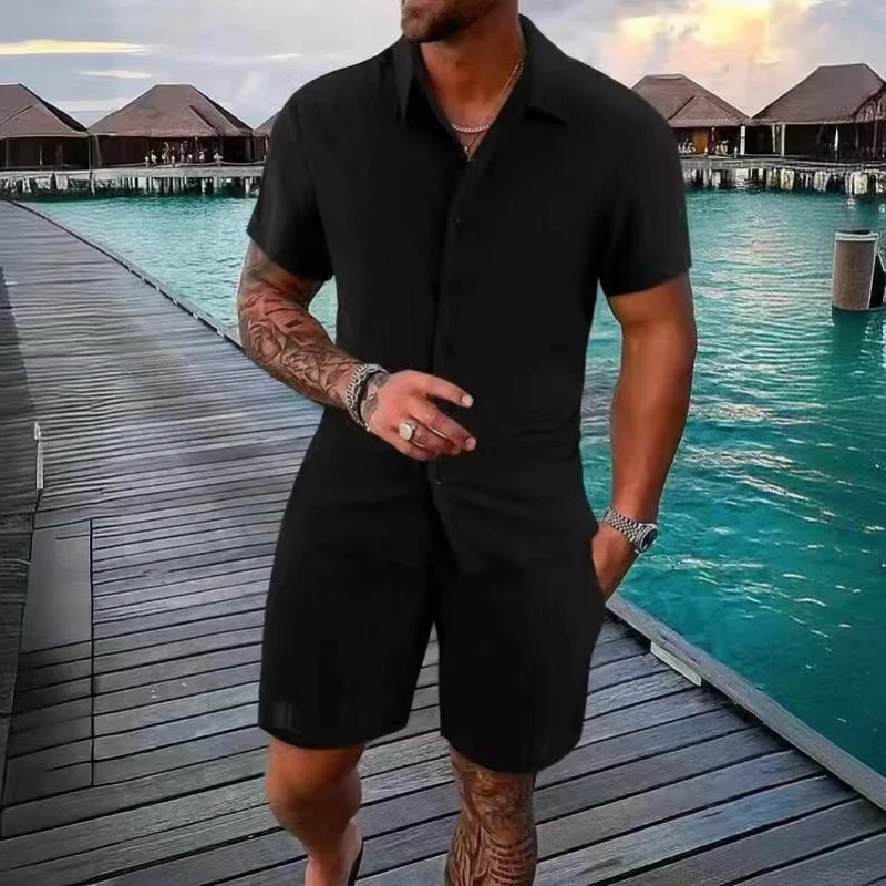 

Men's Summer Beach Outfits 2 Piece Short Sleeve Shirts and Shorts Vacation Texture Linen Sets for Men