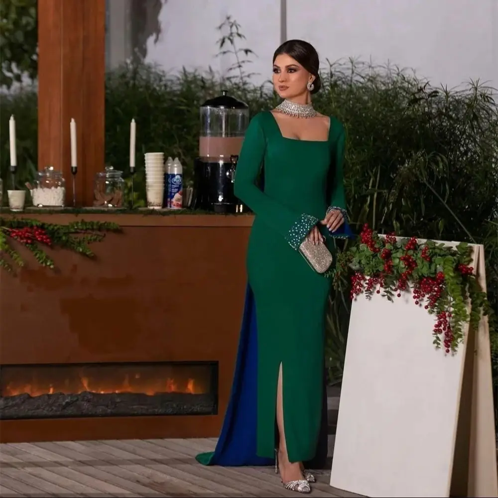 

Green Beaded Long Sleeves Bespoke Occasion Gown Evening Dresses Pastrol Unisex Jersey Retro Dubai Saudi Arabic Prom Customized
