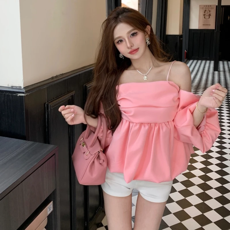 

Autumn Women Blouses Korean Casual Solid Color Slash Neck Lantern Sleeve Office Lady Camisole Female Elegant Off-shoulder Tops