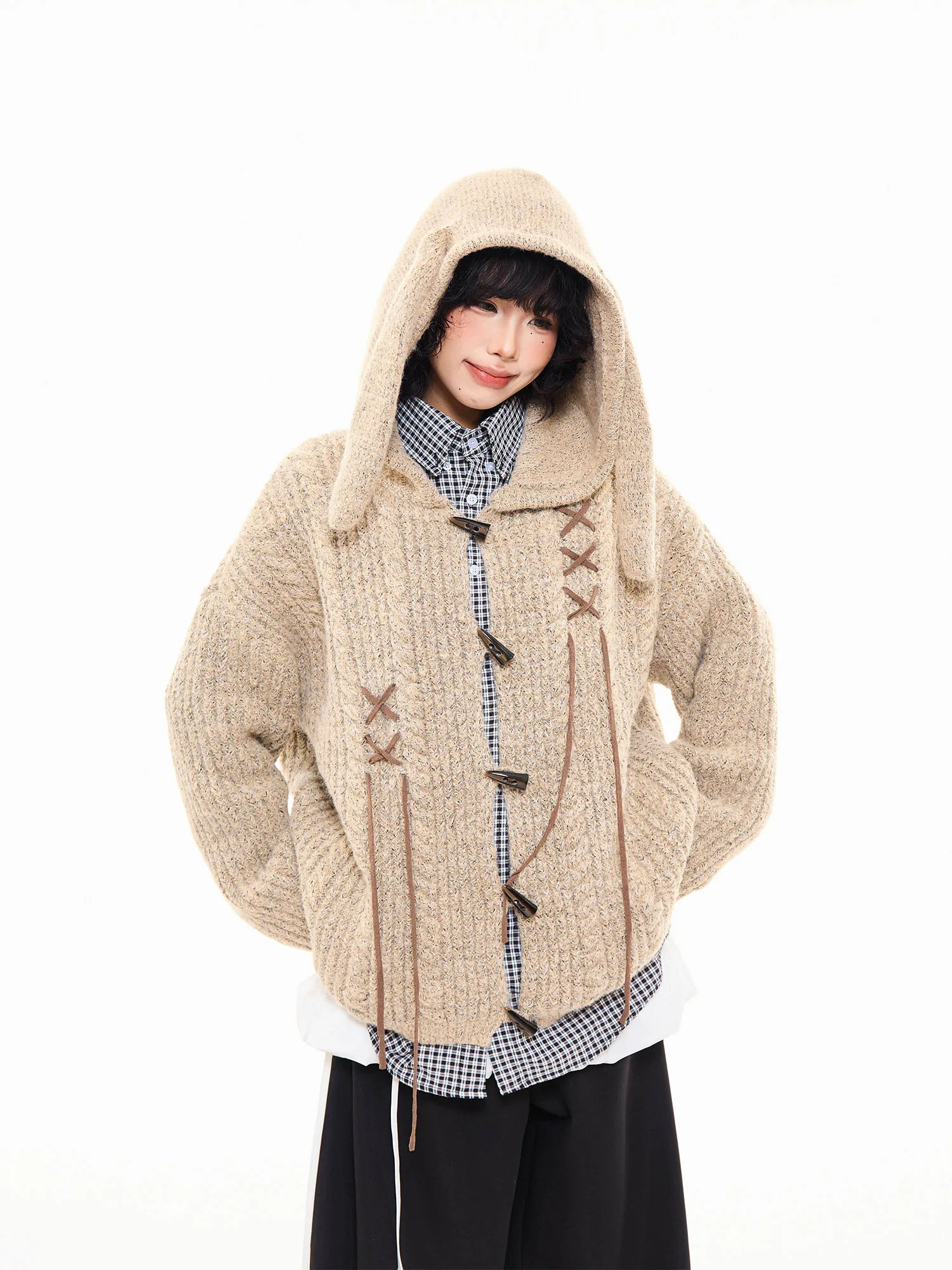 MIKYO Amerikaanse retro gedraaide gebreide muts konijnenoor hoodie dames herfst luie sle knop vest jas casual comfortabel