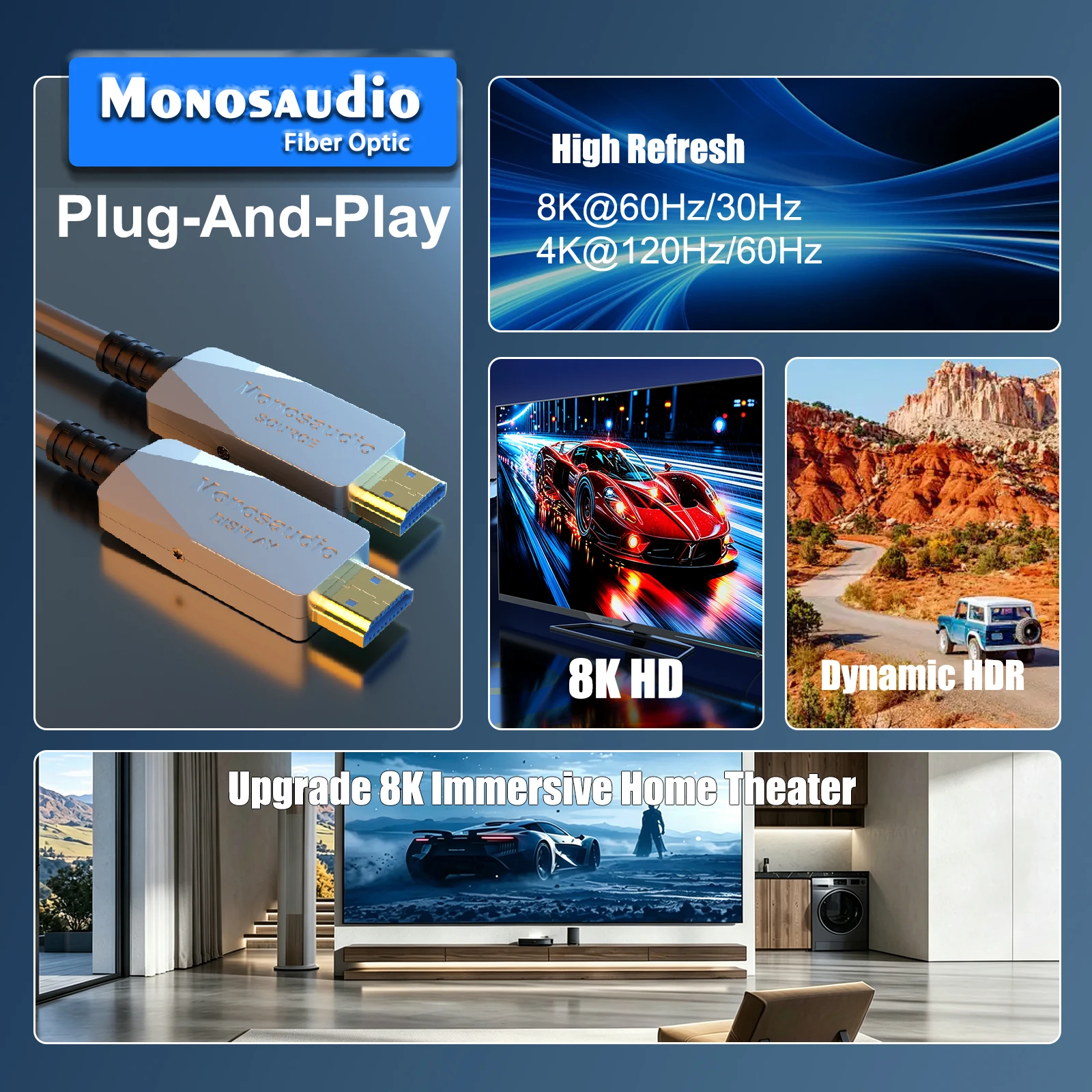 Monosaudio 8K HDMI Cable Glass Fiber Core 24K Gold-Plated Plug 8K@60Hz 4K@240Hz for Laptop Desktop TV Projector Gaming Monitor