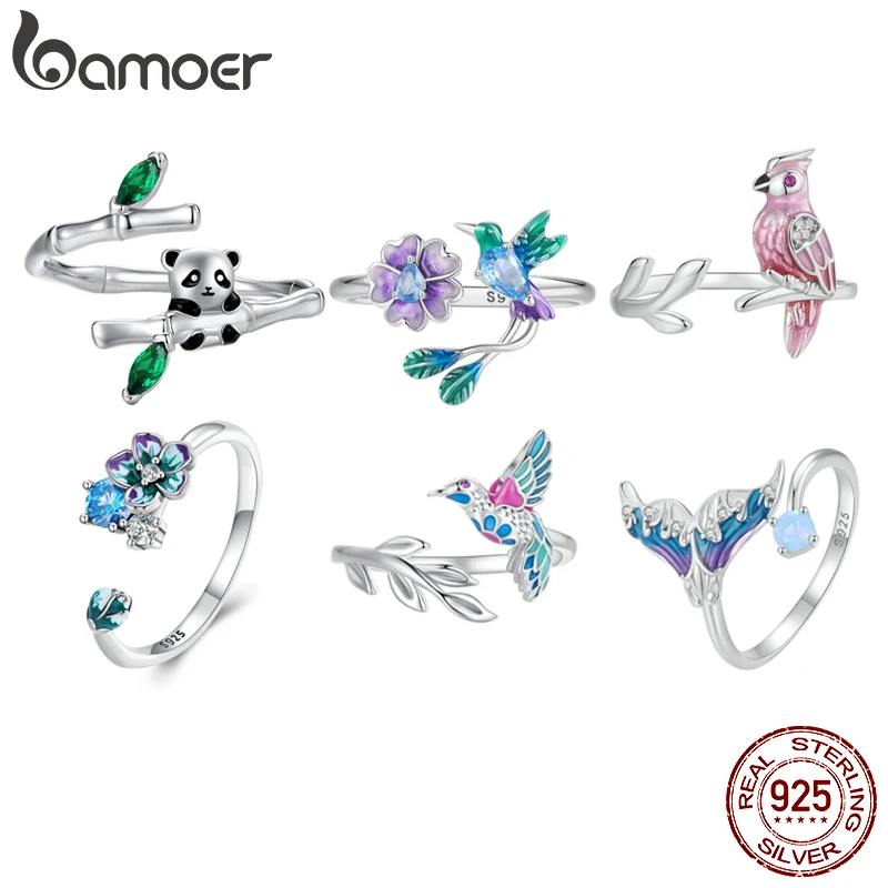 BAMOER Adjustable 925 Sterling Silver Animal Ring for Women, Cute Panda/Bird/Flower Band Stacking Finger Ring CZ Stackable Ring