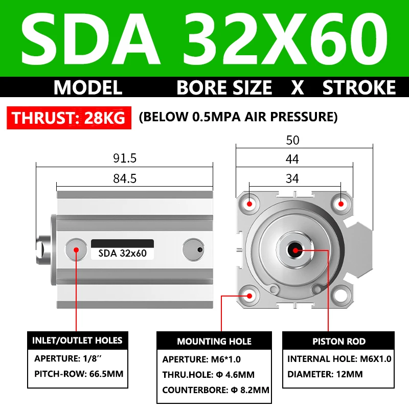 ABILKEEN SDA32X60 SDA Series Thin Air Cylinder 32MM Female Thread Bore X 60MM Stroke Double Acting Pneumatic Compact Cylinder