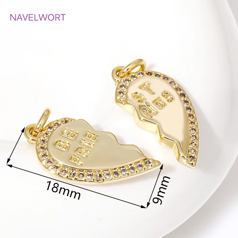 18mm*9mm 14K Gold Plated Engraved Best Friends Charms Brass Inlaid Zircon Heart-Shaped Pendants For Jewelry Making Accessories