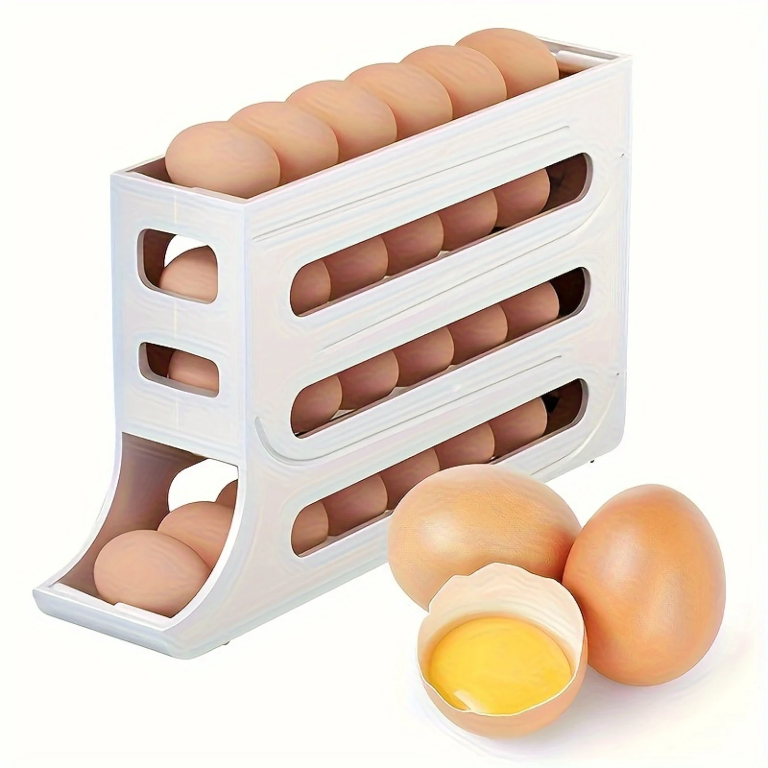 2-Piece Multi-Functional 4-Layer Automatic Rolling Egg  Tray - Large Capacity, Food-Safe For Fridge & Countertop Organization