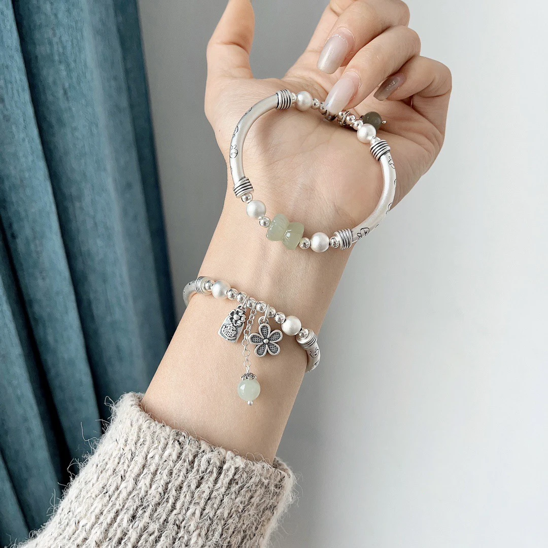 Original Design 925 Sterling Silver Jade Flower Bracelet for Women Ethnic Vintage Silver Elbow Beaded Handmade Jewelry SL147