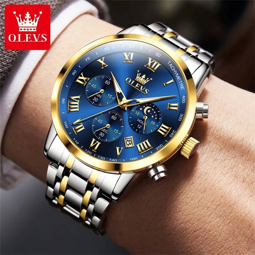 

OLEVS 5529 Men's Quartz Watch High-quality Stainless steel Strap Moon Phase Chronograph Waterproof Man Wristwatch