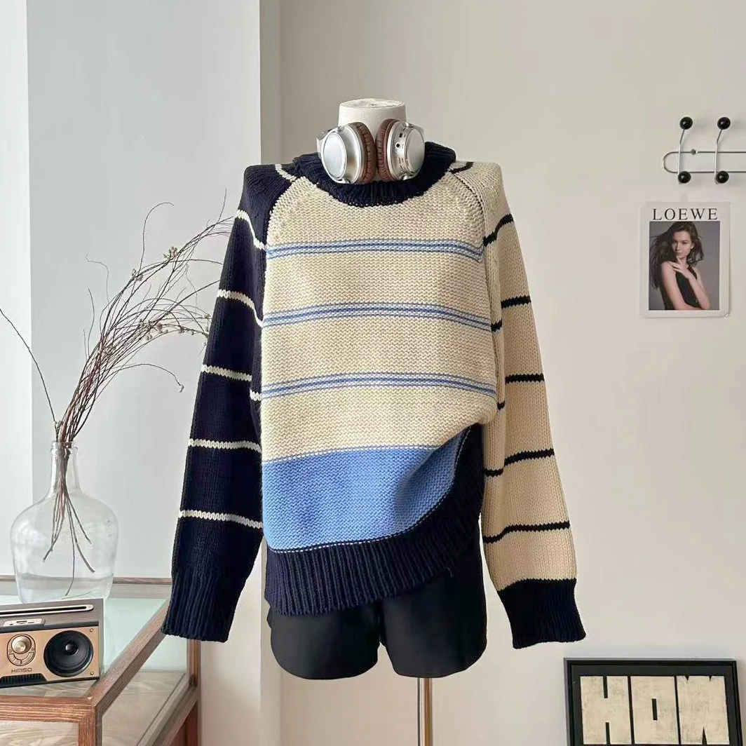 

Женский осенне-зимний свободный свитер с круглым вырезом контрастного цвета в полоску, женский повседневный уличный пуловер, толстый свитер