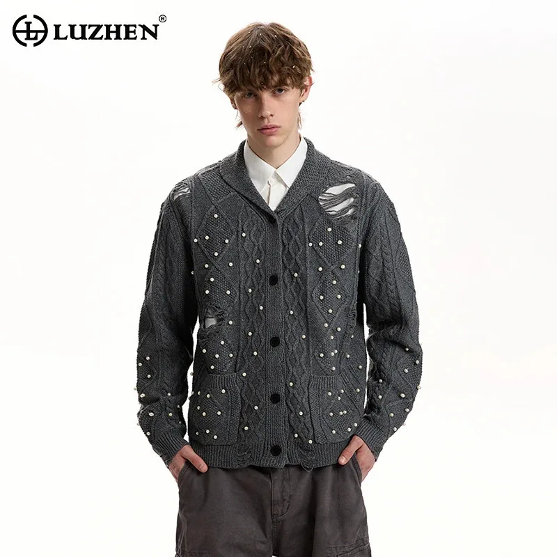 

LUZHEN 2025 Winter Original Personalized Broken Hole Wornout Design Knitted Cardigan Men Trendy Elegant Handsome Sweater JY5161