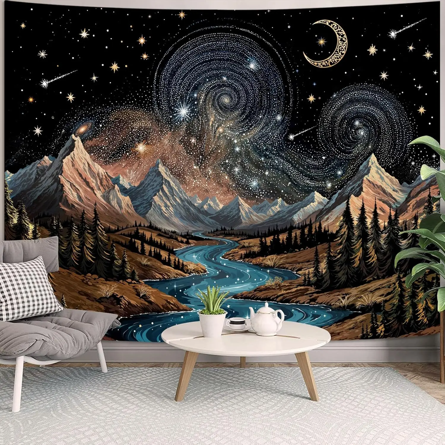 Snow Mountain Tapestry, Majestic Peaks and Creek Landscape Wall Hanging, Nature Home Decor for Bedroom and Living Room Wall Art