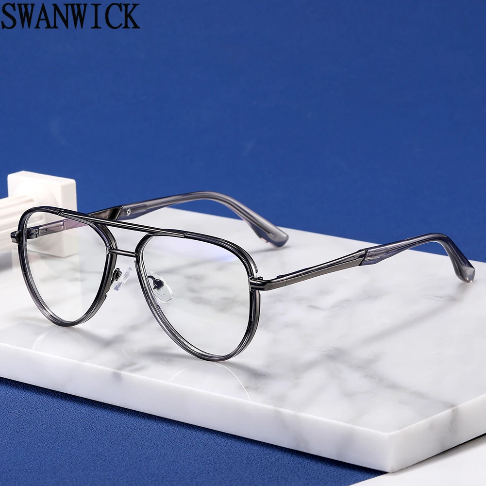 Swanwick blue light blocking glasses for men double bridge big glasses frame fashion TR90 half metal black gray gift items male