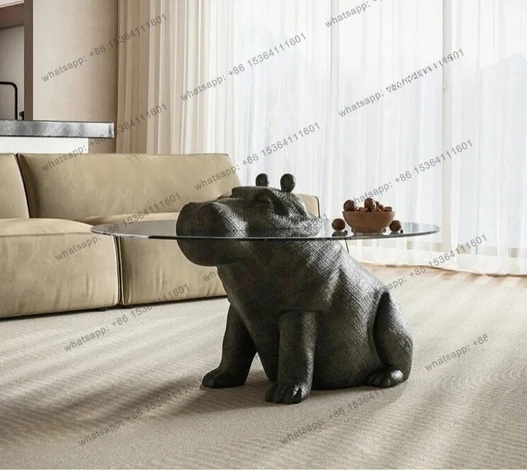 

designer living room, artistic sense of net red, animal tempered glass Italian minimalist hippopotamus coffee table,