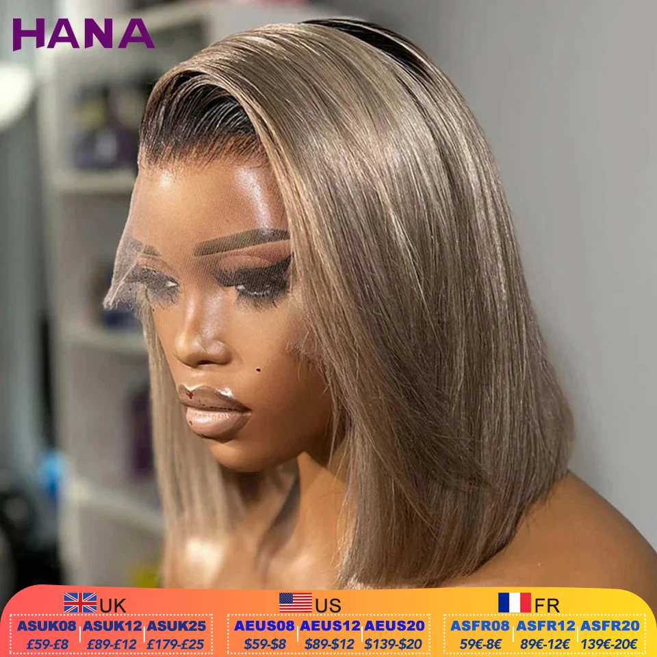 Ombre Ash Blonde With Brown Roots Colored Short Bob Wig 13x4 Lace Front Wig 180% Density Straight