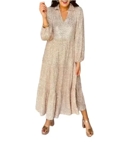 เดรสทรงเอไลน์สำหรับผู้หญิง กระโปรงบานใหญ่ แต่งเลื่อม จับจีบ คอวี แขนยาว ความยาวระดับกลางน่อง เดรสยาวสำหรับงานพรอม งานเดท งานเลี้ยงอย่างเป็นทางการ