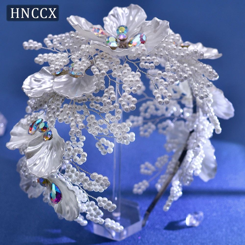 HNCCX Handmade Pearl Flower Headband Shell Crystal Bride's Headpiece Colorful Gemstone  Headband Bride's Party Headdress CP675