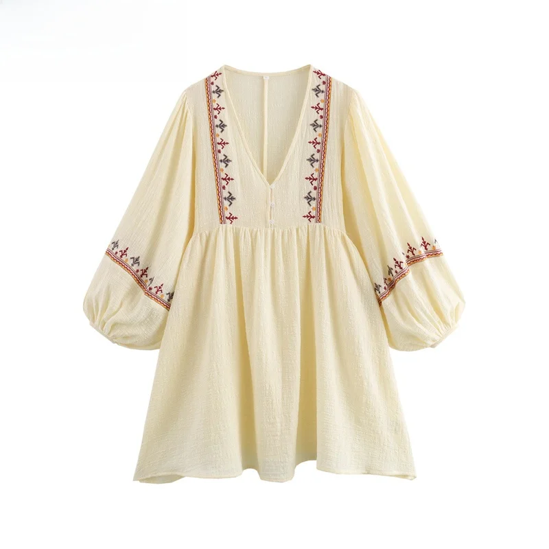 ZBZR Wiosna Nowa Kolekcja Damska Modna Casualowa Bluzka z Naszywkami i Haftem, Przyjazna dla Skóry, Oddychająca, Krój H, Długi Rękaw, Dekolt w Serek