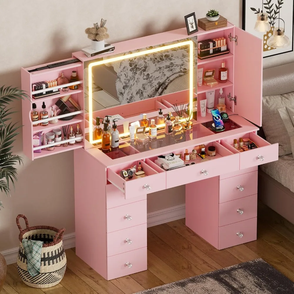 طقم زينة بمرآة مضيئة مع مكتب كبير وتخزين 11 درج #4