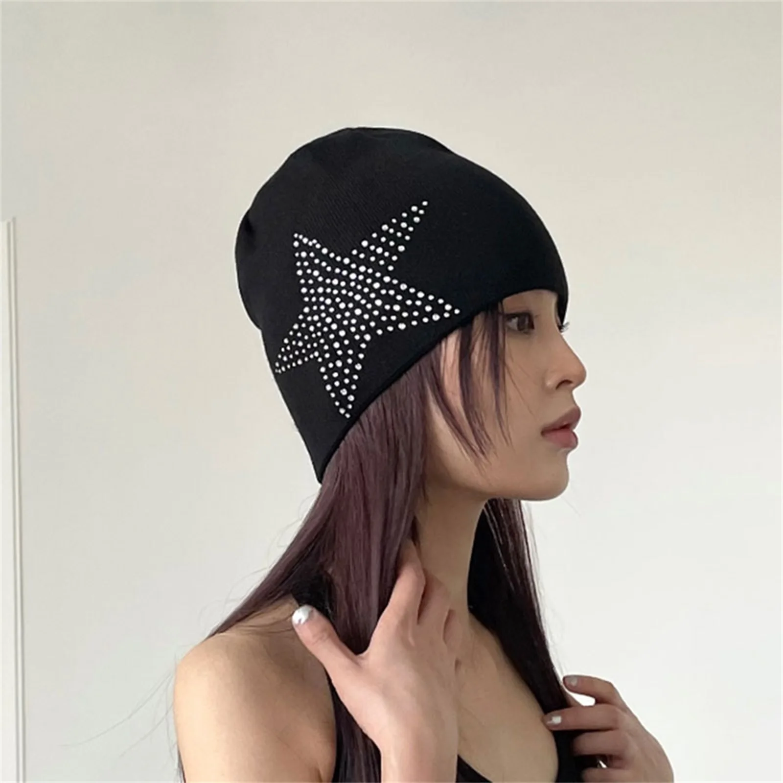 Women Winter Warm Beanie Hat Rhinestone Star Print Fashion Skating Camping Hiking Cap