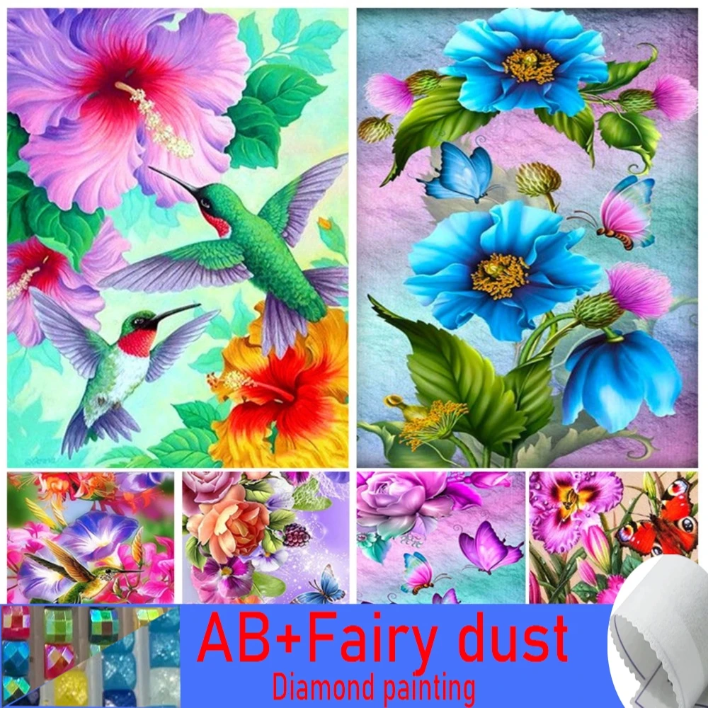 Hummingbird 5D 120 Colors AB Fairy Dust Diamond Painting Flower Butterfly Mosaic Painting Kits Rhinestone Embroidery Home Decor