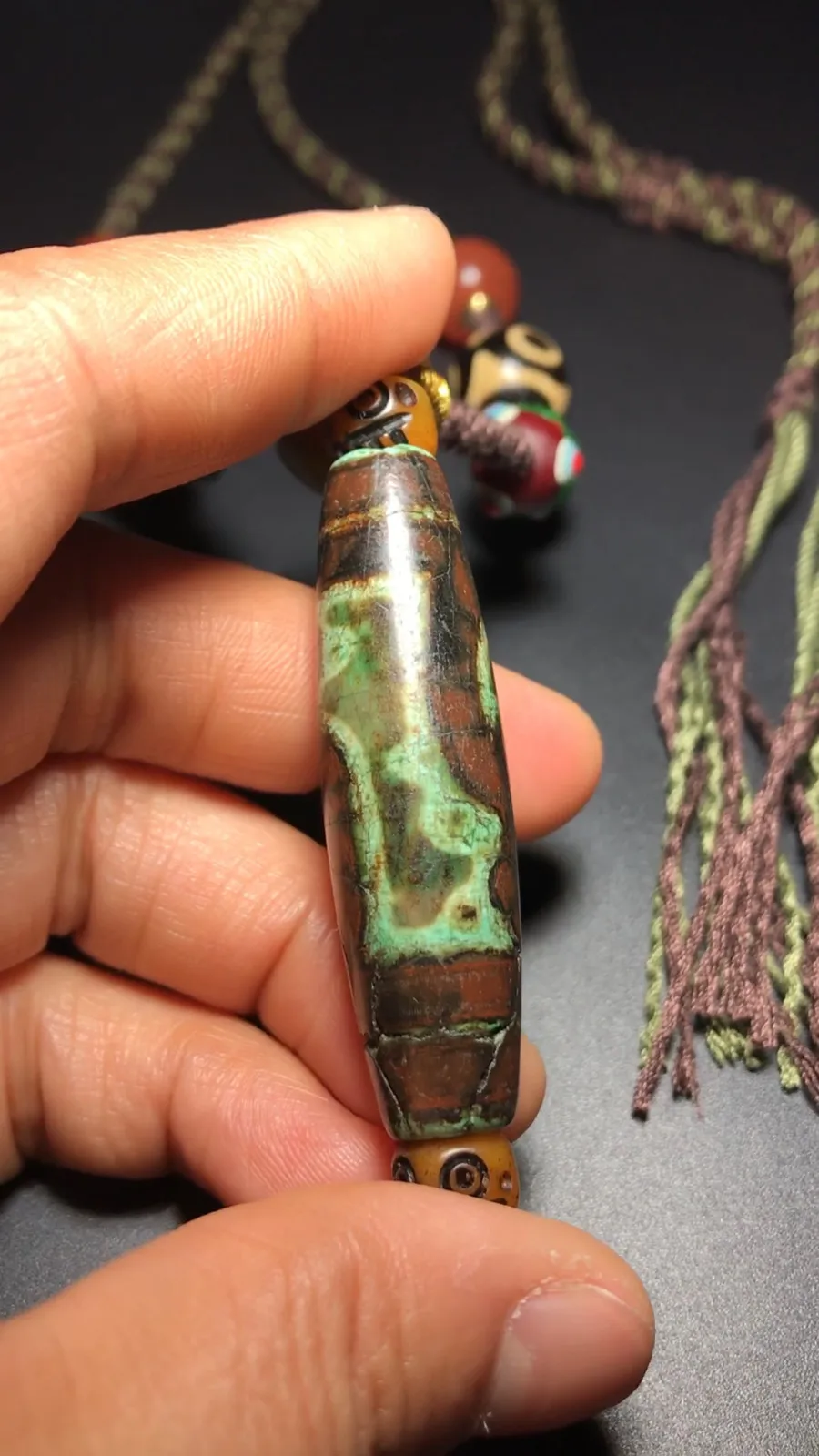 Unique Tibetan Old Agate DZi Multiple patterns Beads Amulet Necklace J0403