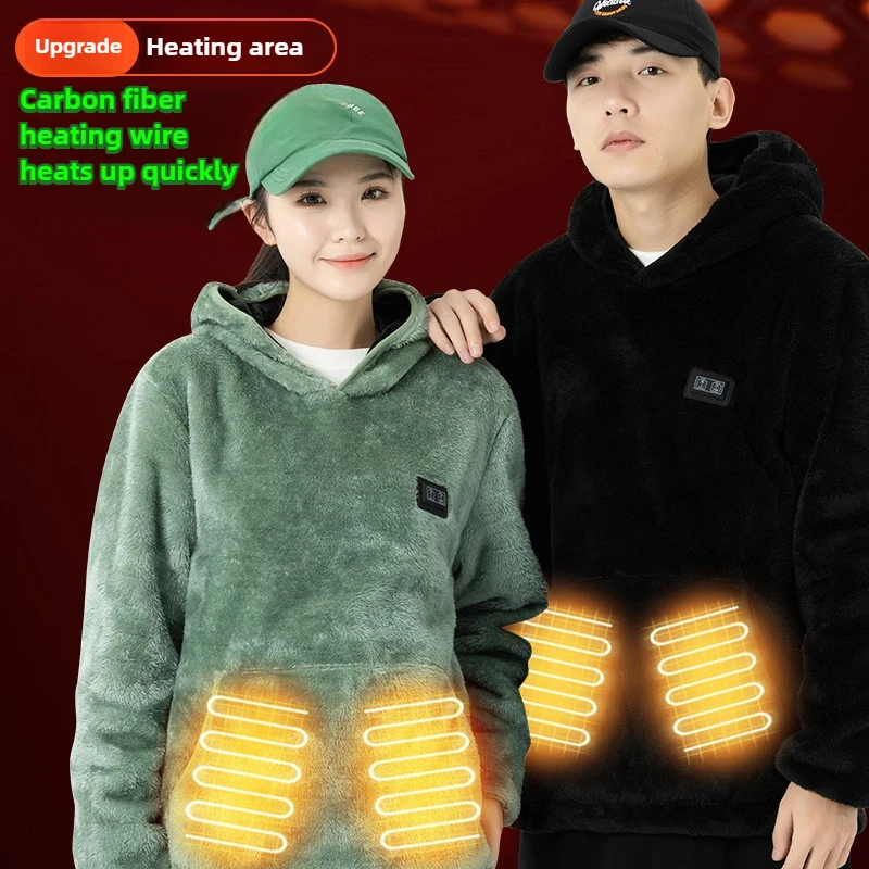 

Winter Smart Heating Hoodie Jacket Men Coral Fleece Sweatshirt Double Control 9 Zone Heated USB Warm Hoodies Women Thermal Top