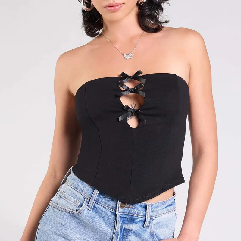 OSHFAL  Hollow out Bow Tie Top Pure Color Strapless Crop Top for Spring Summer Trendy European  Cross-Border Fashio