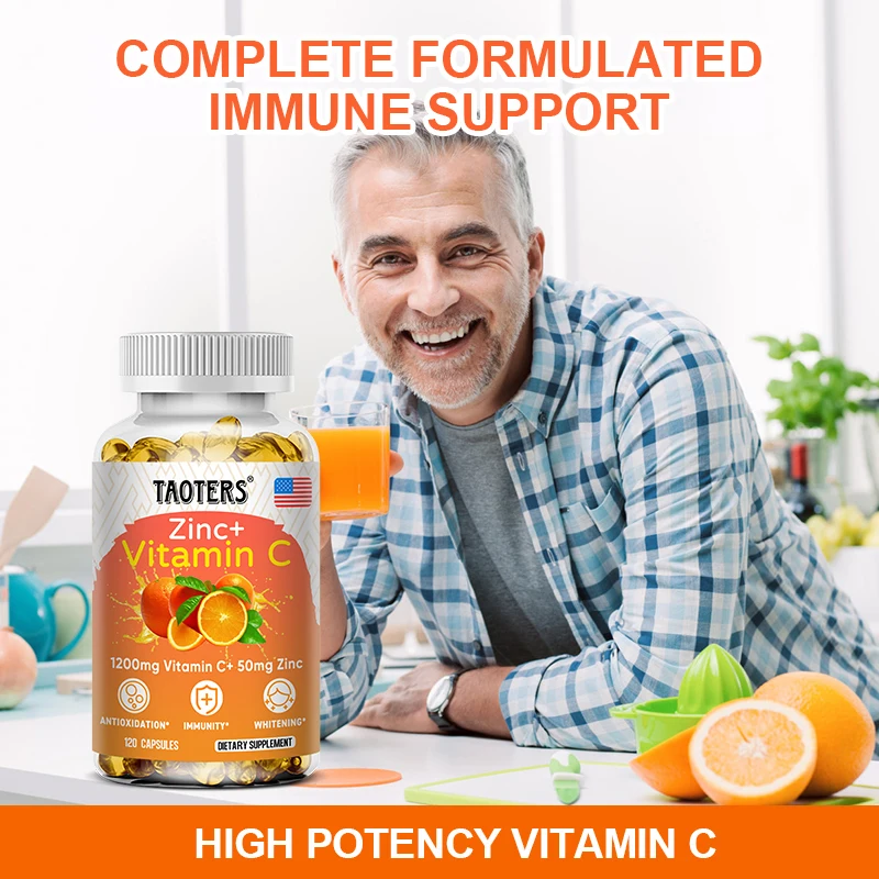 1200 Mg Vitamin C Capsules - with Zinc - Immune System and Collagen Booster, Non-GMO and Gluten-Free Vegetarian