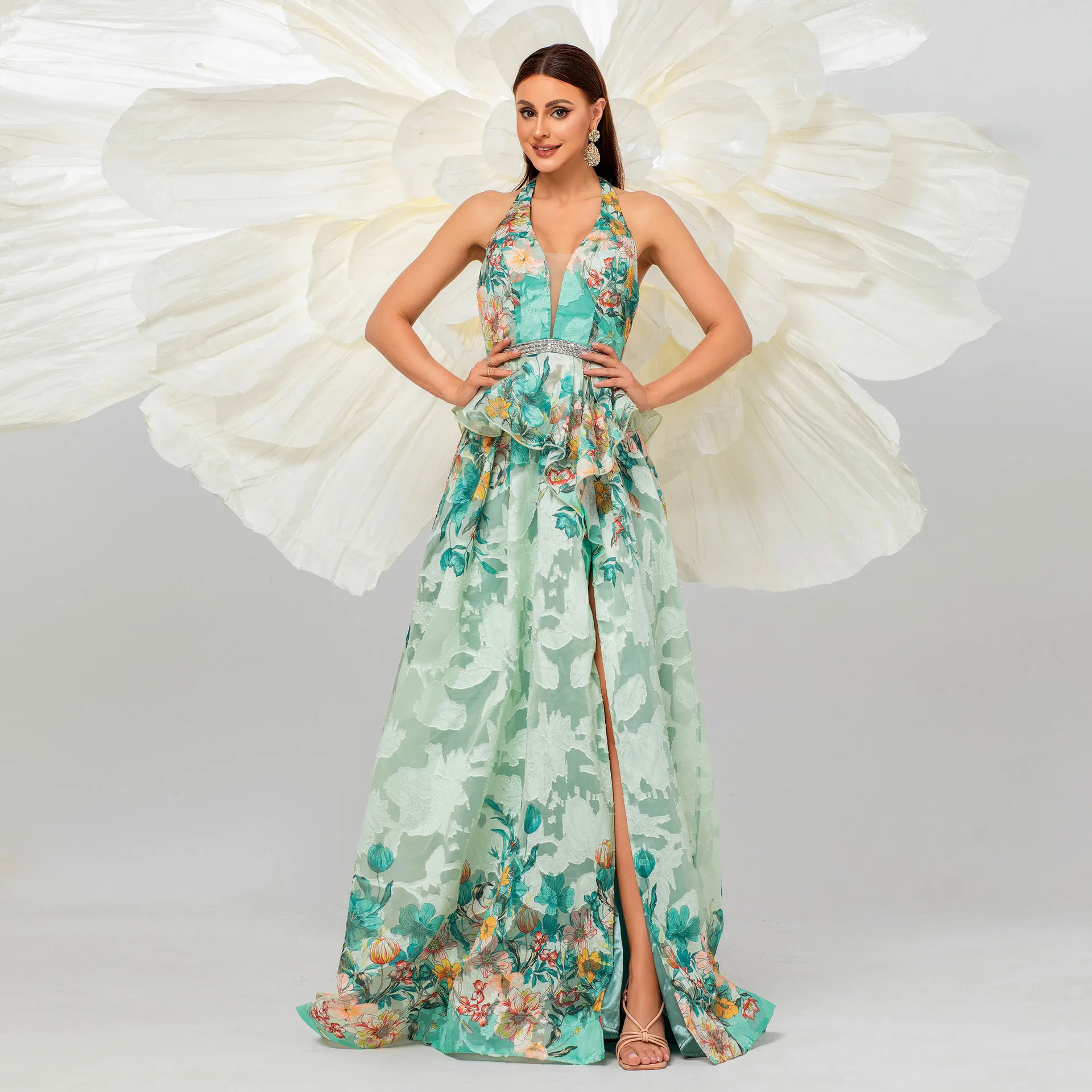 الراقية V-Ne طويل الطابق طول الزفاف الدكتور ثوب مسائي الإنتاج الصيني عالية الخصر البوليستر النسيج لحفل الزفاف و P...