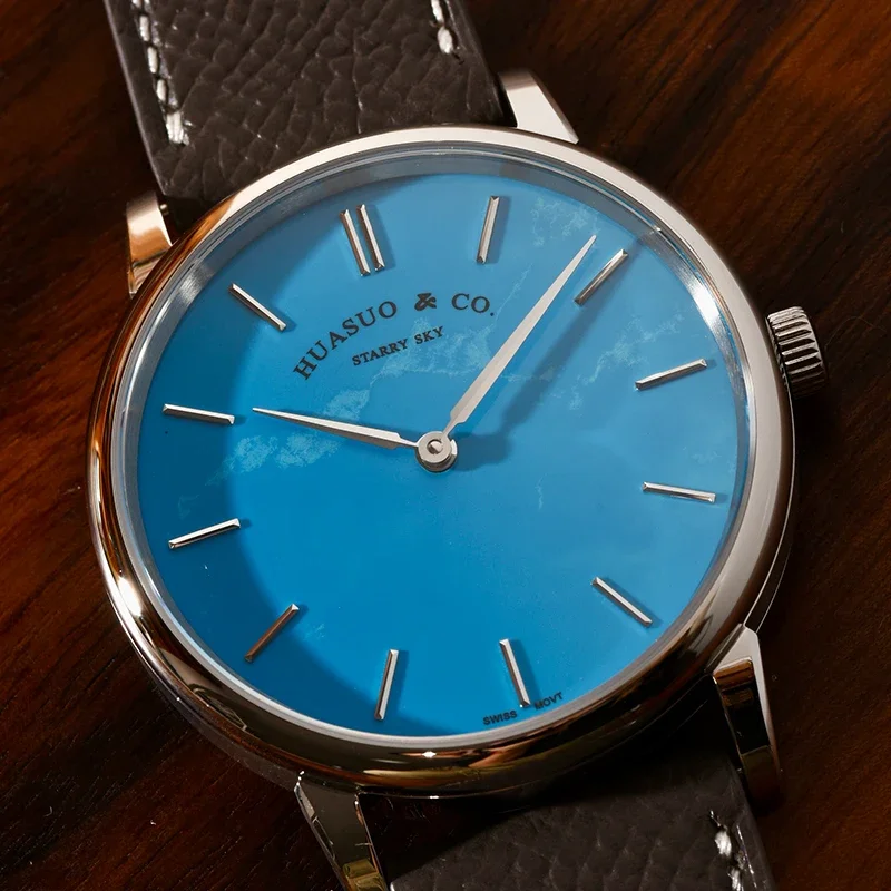 HUASUO Luxus 39mm Ultradünne Uhren Für Männer Blau Aventurin Sternenhimmel Automatische Bewegung SW300 Saphirglas 50m Wasserdicht 3