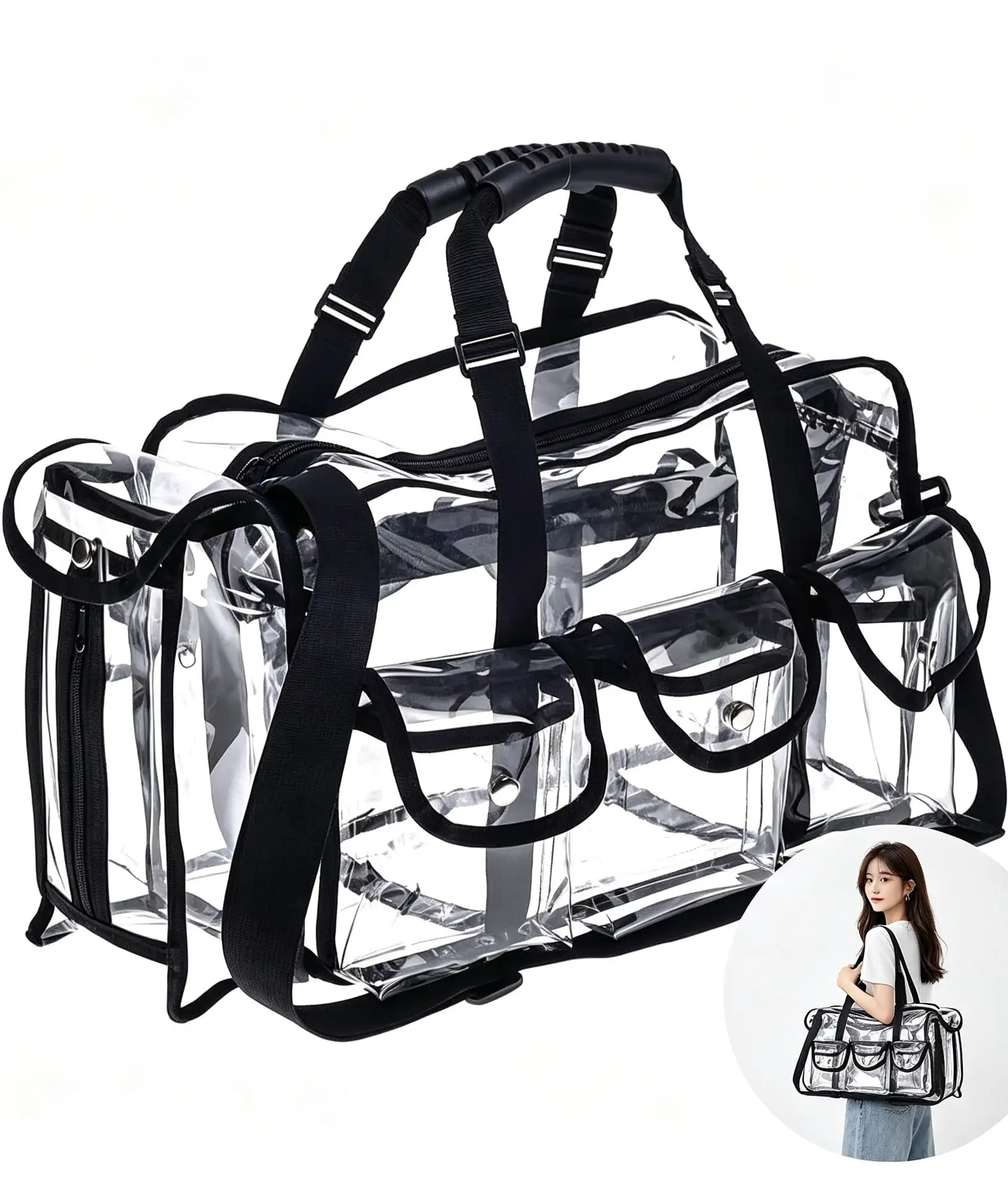 1 PCS Professional Clear PVC Makeup Kits Organizer Make Up Set Bag MUA Carry All Artist Transparent Vinyl Travel Cosmetic Bag With 6 External Pockets