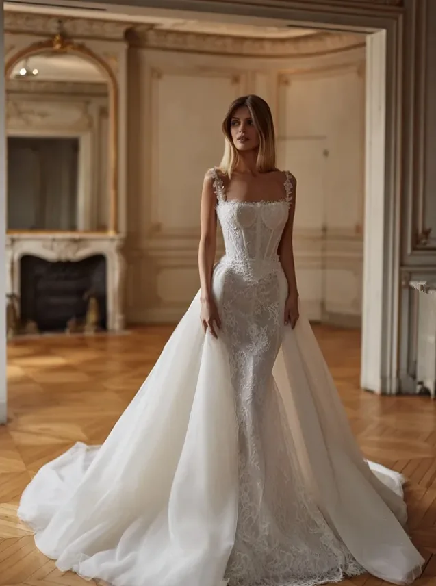 

White Wedding Dress Sleeveless Lace Long Tail Detachable Backless Tulle Perspective Engagement Toast Dress Customised