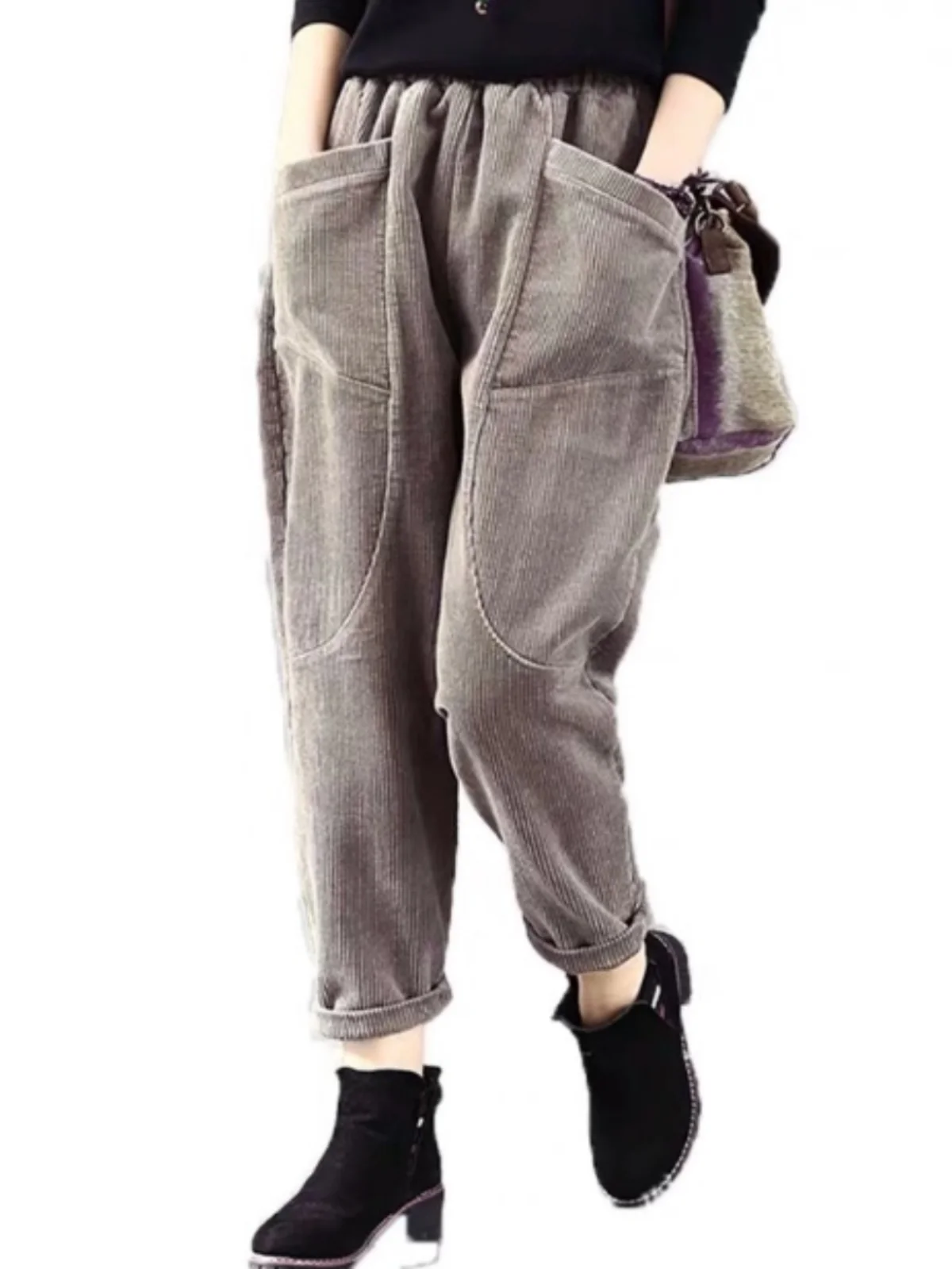 Jesienno-zimowe spodnie sztruksowe z podszewką z jagnięcej wełny, luźne, uniwersalne spodnie typu harlan, długie spodnie dla mamy, spodnie codzienne dla taty.