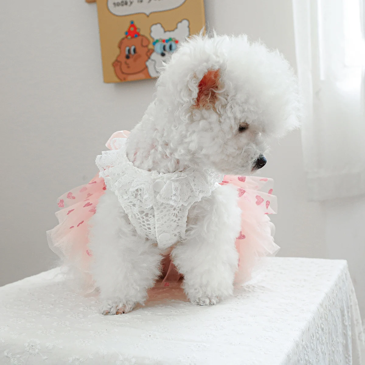 1PC Pet Clothes Spring and Autumn Pink Heart Fluffy Dress Wedding Dress Princess Dress Suitable for Small and Medium sized Dogs