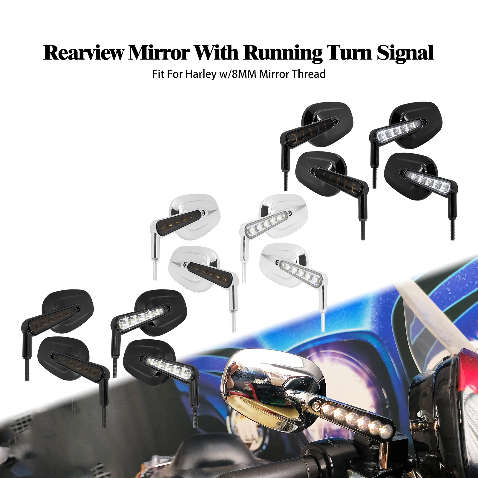 

Motorcycle Rear View Mirrors With LED Light 8MM Thread Turn Signal Running Light Mirror For Harley Touring Softail Sportster XL