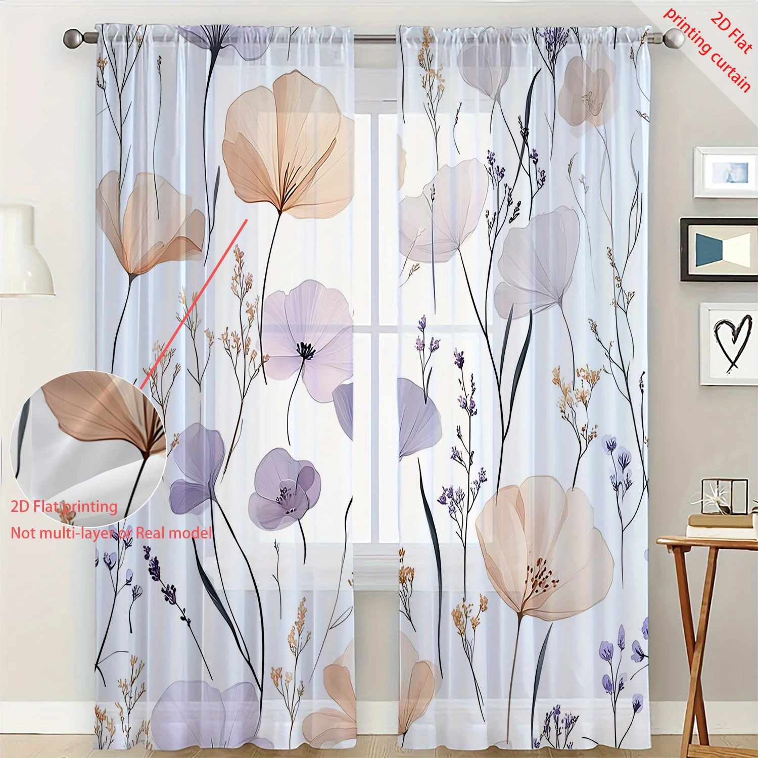 2 Pieces HD Digital  Plant leaves Printed Window Screen Home Decor Style Decoration Living Room Bedroom Rod